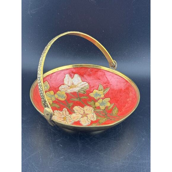 Vintage Brass Enamel Cloisonne Dish with Embossed Handle - Picture 3 of 8